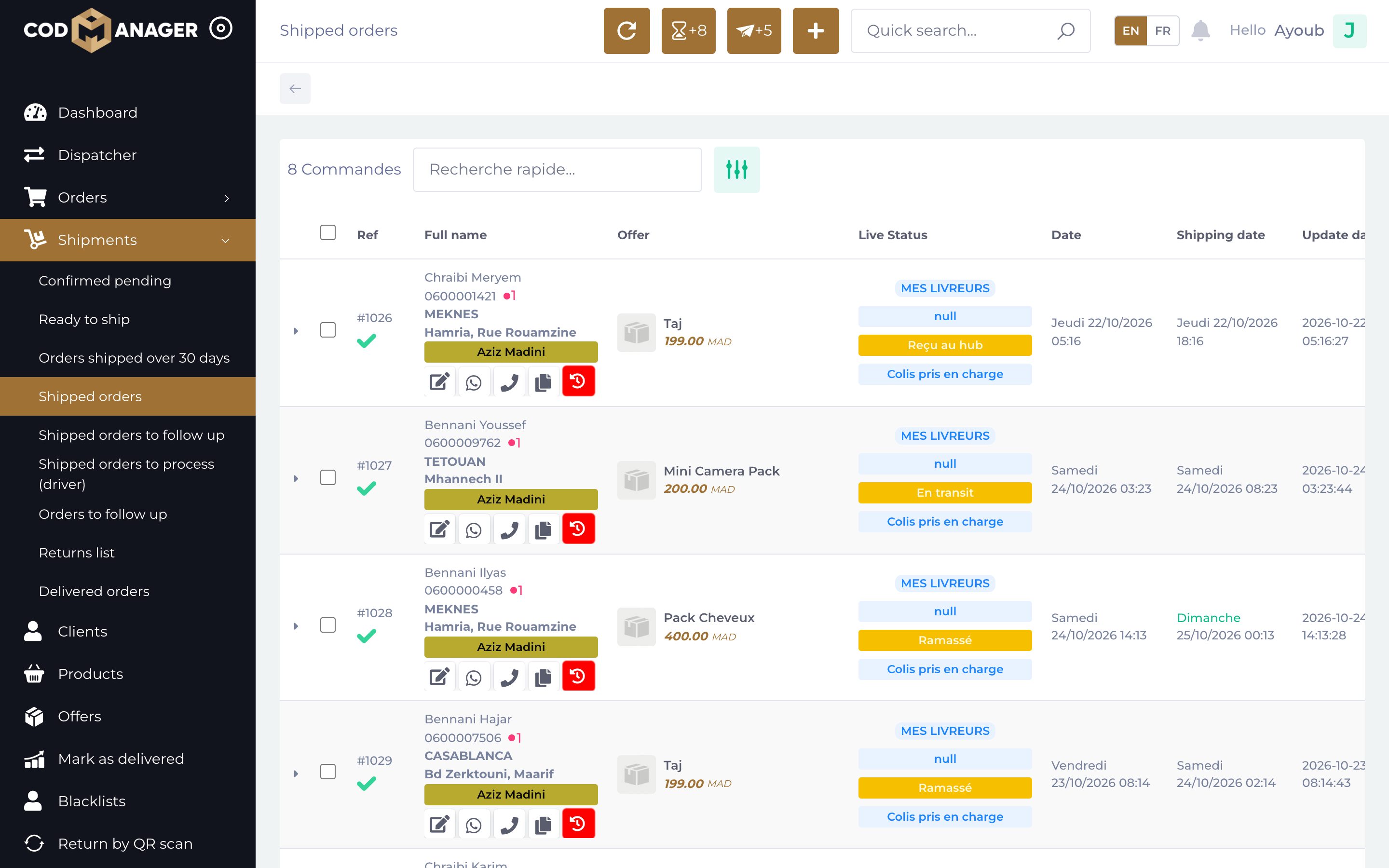 Commandes expédiées avec statut live du livreur dans CODMANAGER