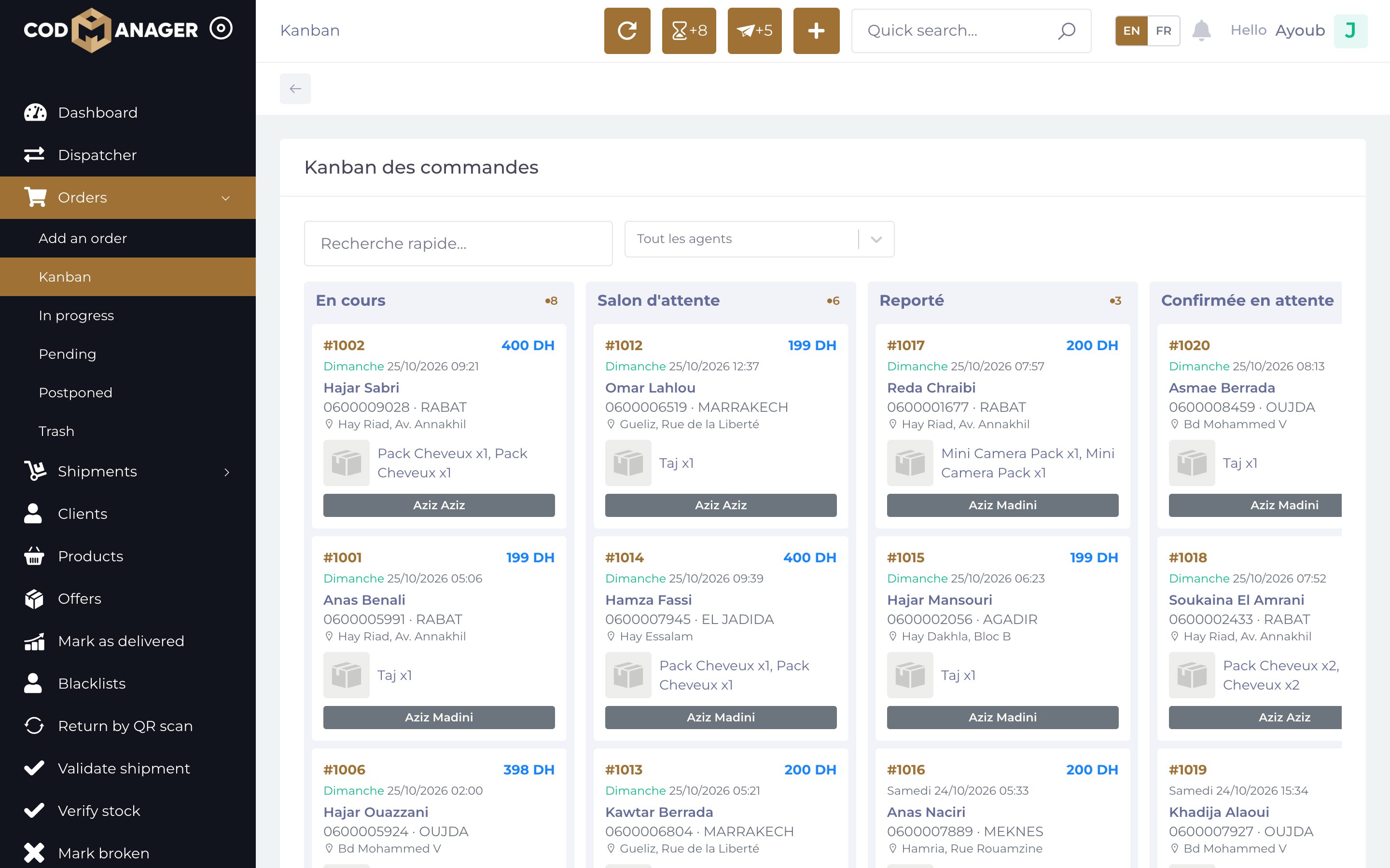 Kanban des commandes CODMANAGER : colonnes En cours, Salon d'attente, Reporté et Confirmée en attente